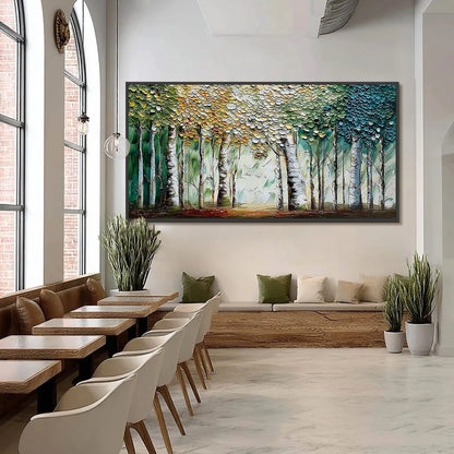 CHROMA GROVE: Panoramic Textured Impasto Birch Tree | black frame version on white wall