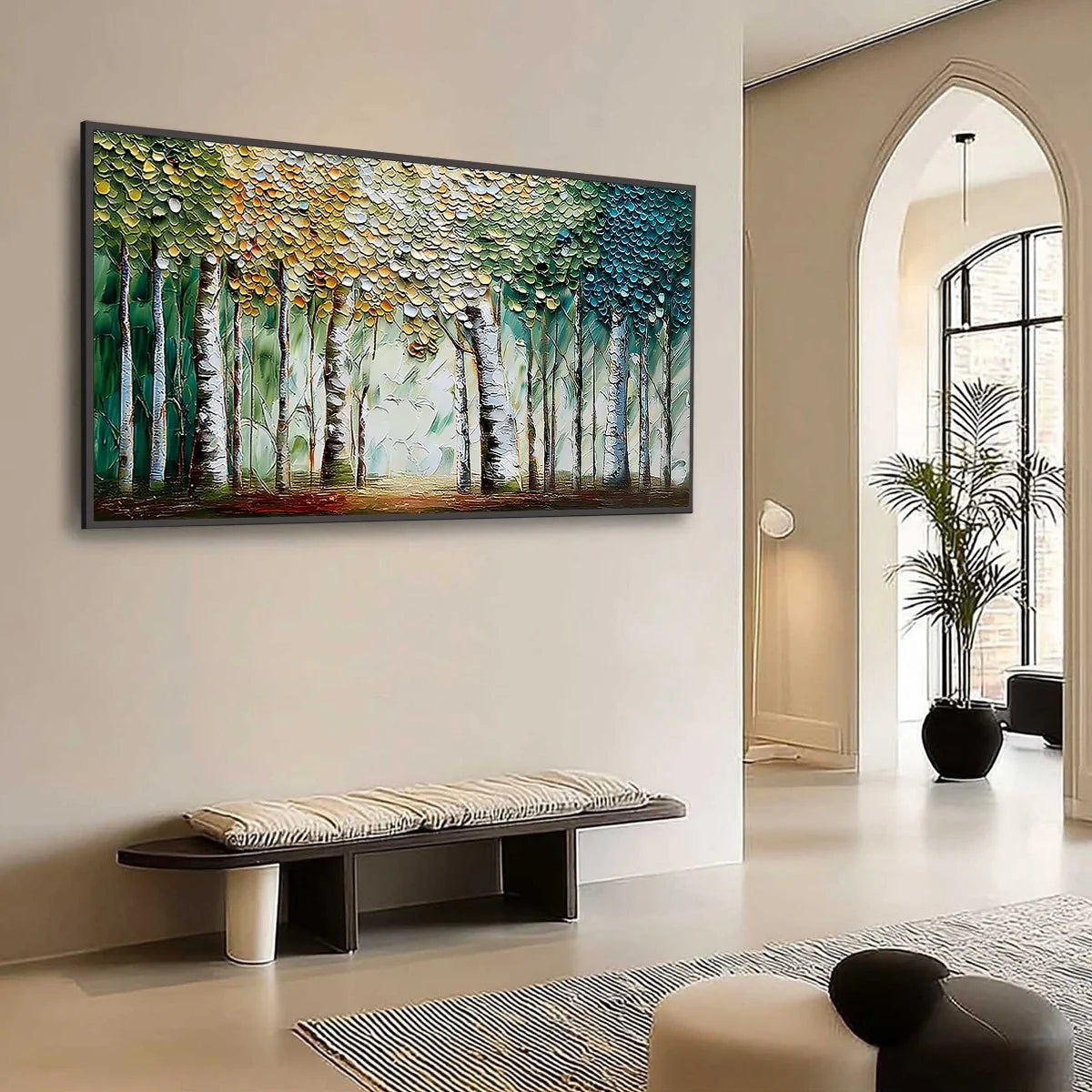 CHROMA GROVE: Panoramic Textured Impasto Birch Tree | textured impasto mood, soft natural light studio shot