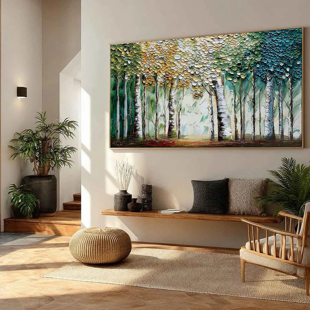 CHROMA GROVE: Panoramic Textured Impasto Birch Tree | green palette, original dining room art