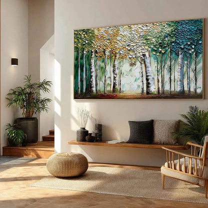 CHROMA GROVE: Panoramic Textured Impasto Birch Tree | green palette, original dining room art