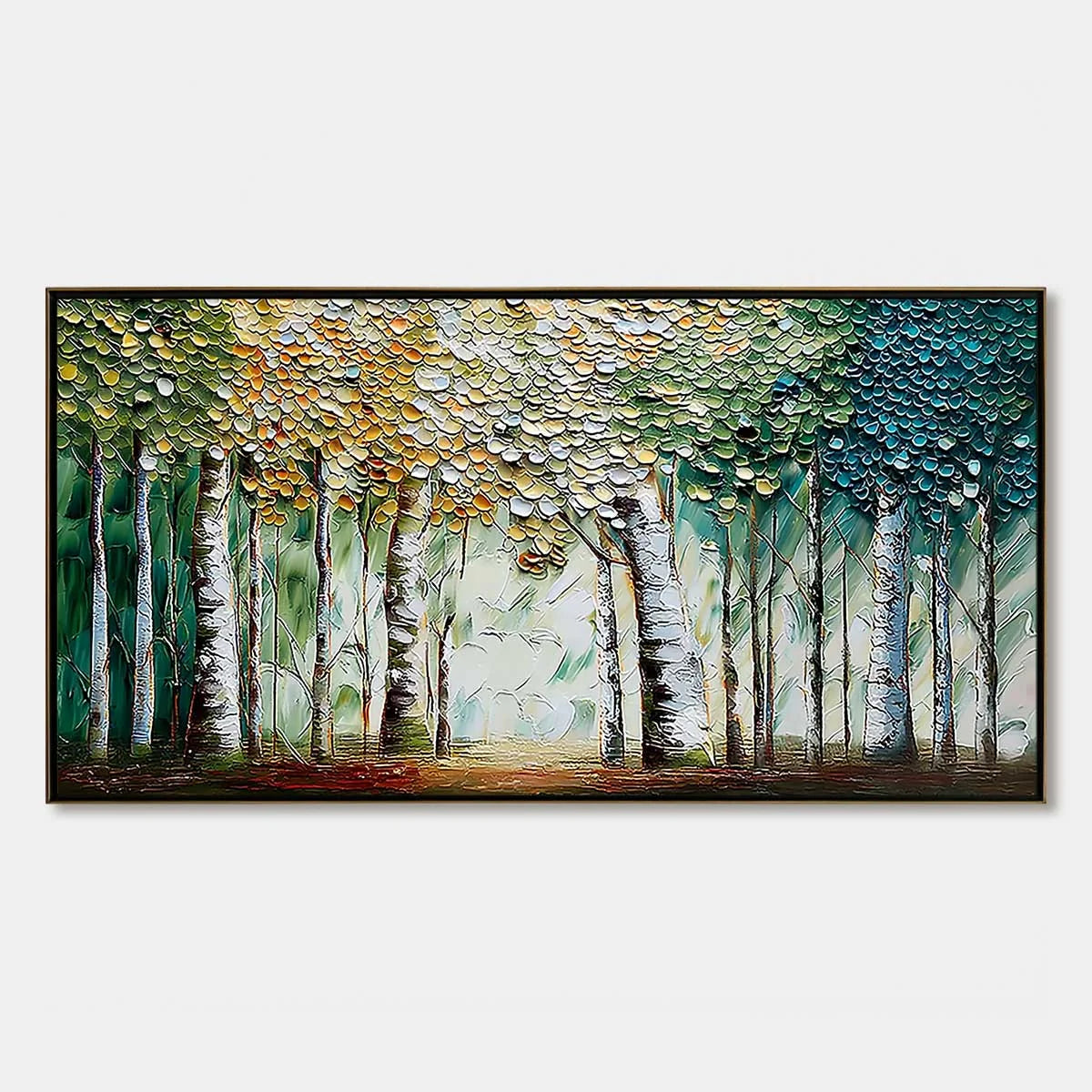 CHROMA GROVE: Panoramic Textured Impasto Birch Tree | hanging in living room, textured impasto wall art