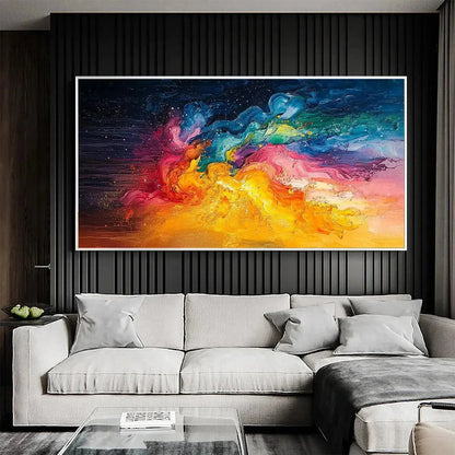CHROMA NOVA: Panoramic Abstract Rainbow Oil Painting | gold frame stretched on neutral wall