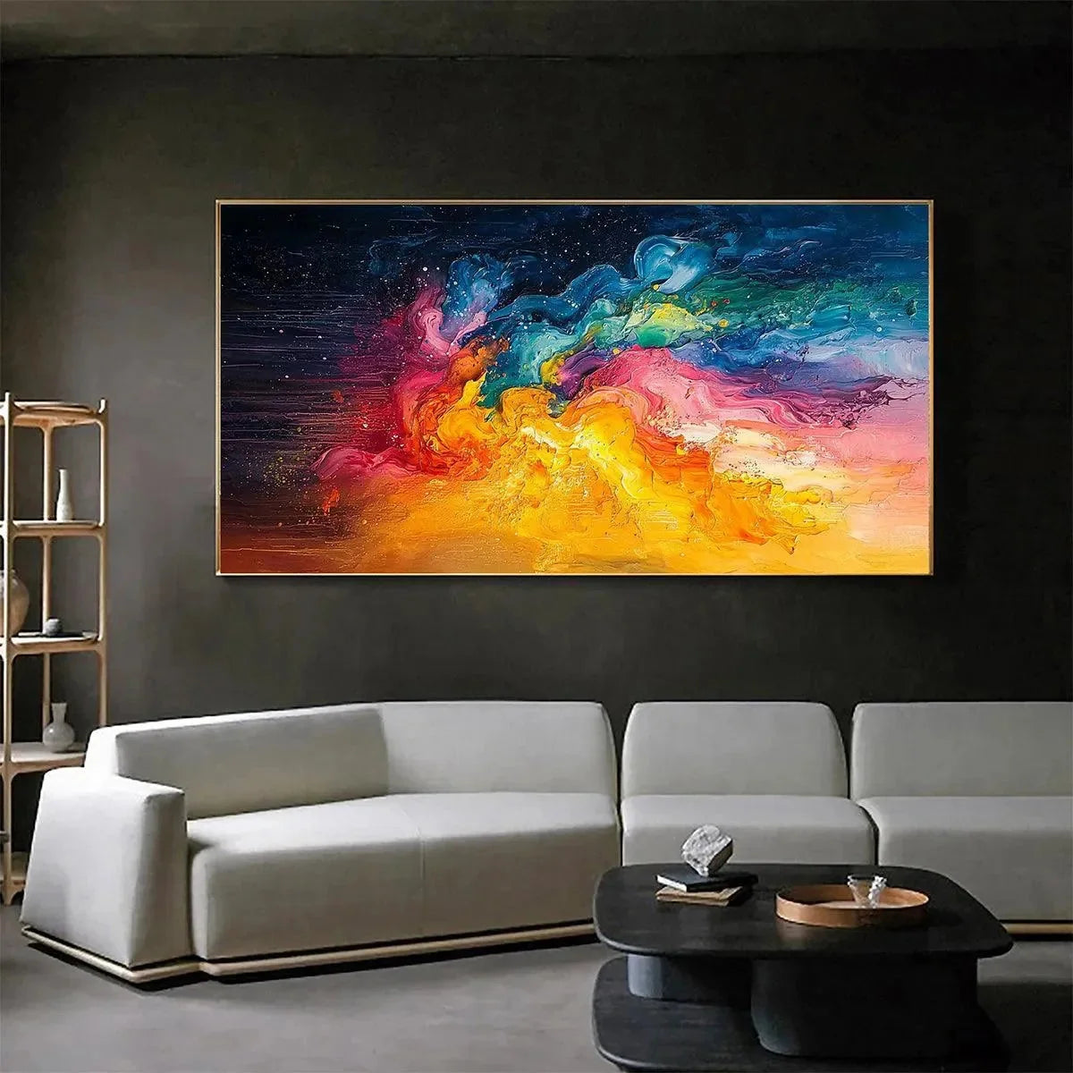 CHROMA NOVA: Panoramic Abstract Rainbow Oil Painting | beige palette, original bedroom art