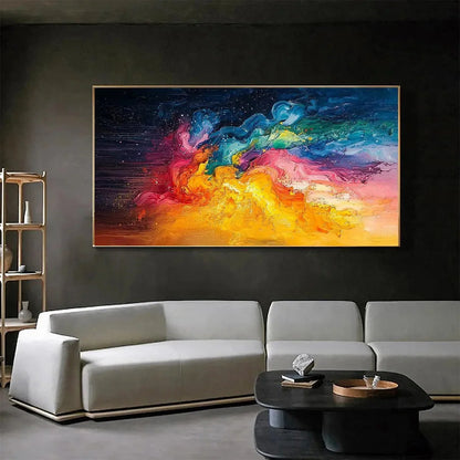 CHROMA NOVA: Panoramic Abstract Rainbow Oil Painting | beige palette, original bedroom art