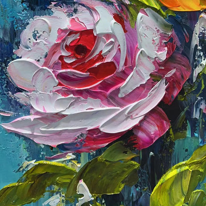 CHROMA ROSES: Colorful Roses Floral Impasto Oil Painting | rectangular format, hand-painted canvas edge