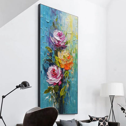 CHROMA ROSES: Colorful Roses Floral Impasto Oil Painting | gold frame stretched on neutral wall