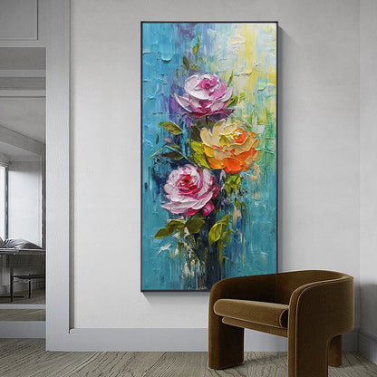 CHROMA ROSES: Colorful Roses Floral Impasto Oil Painting | black frame version on white wall