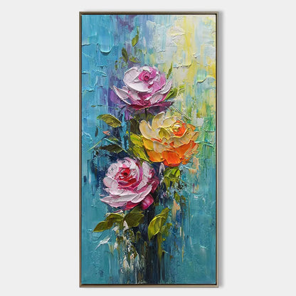 CHROMA ROSES: Colorful Roses Floral Impasto Oil Painting | hanging in CHROMA ROSES: Colorful Roses Floral Impasto Oil Painting featuring layered textured brushwork in refined tones; abstract compos...