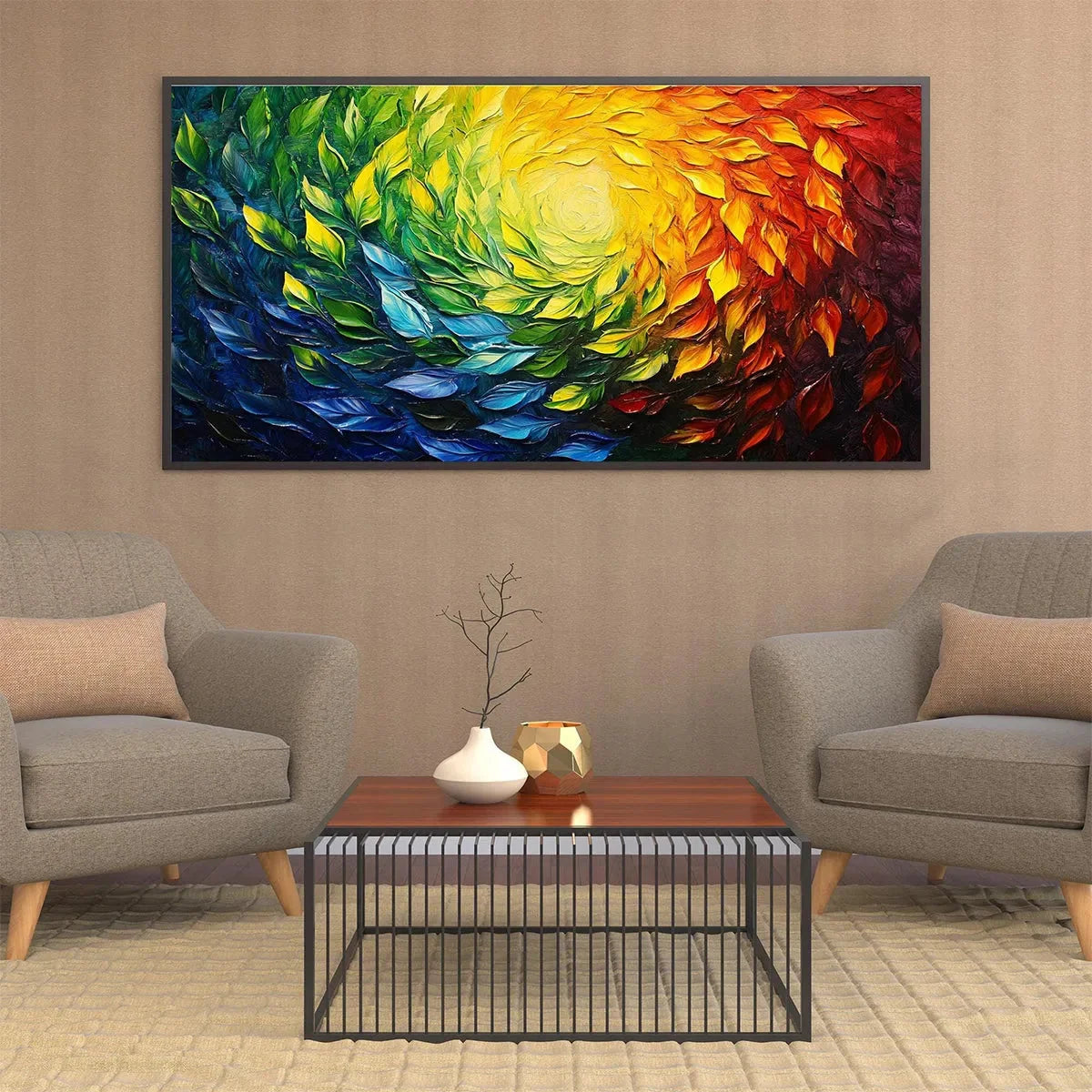 CHROMA SPIN: Impasto Abstract Oil Painting in Vibrant Rainbow Colors | gold frame stretched on neutral wall