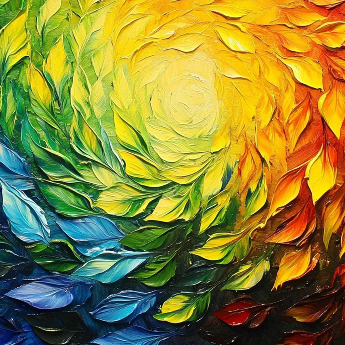 CHROMA SPIN: Impasto Abstract Oil Painting in Vibrant Rainbow Colors | black frame version on white wall