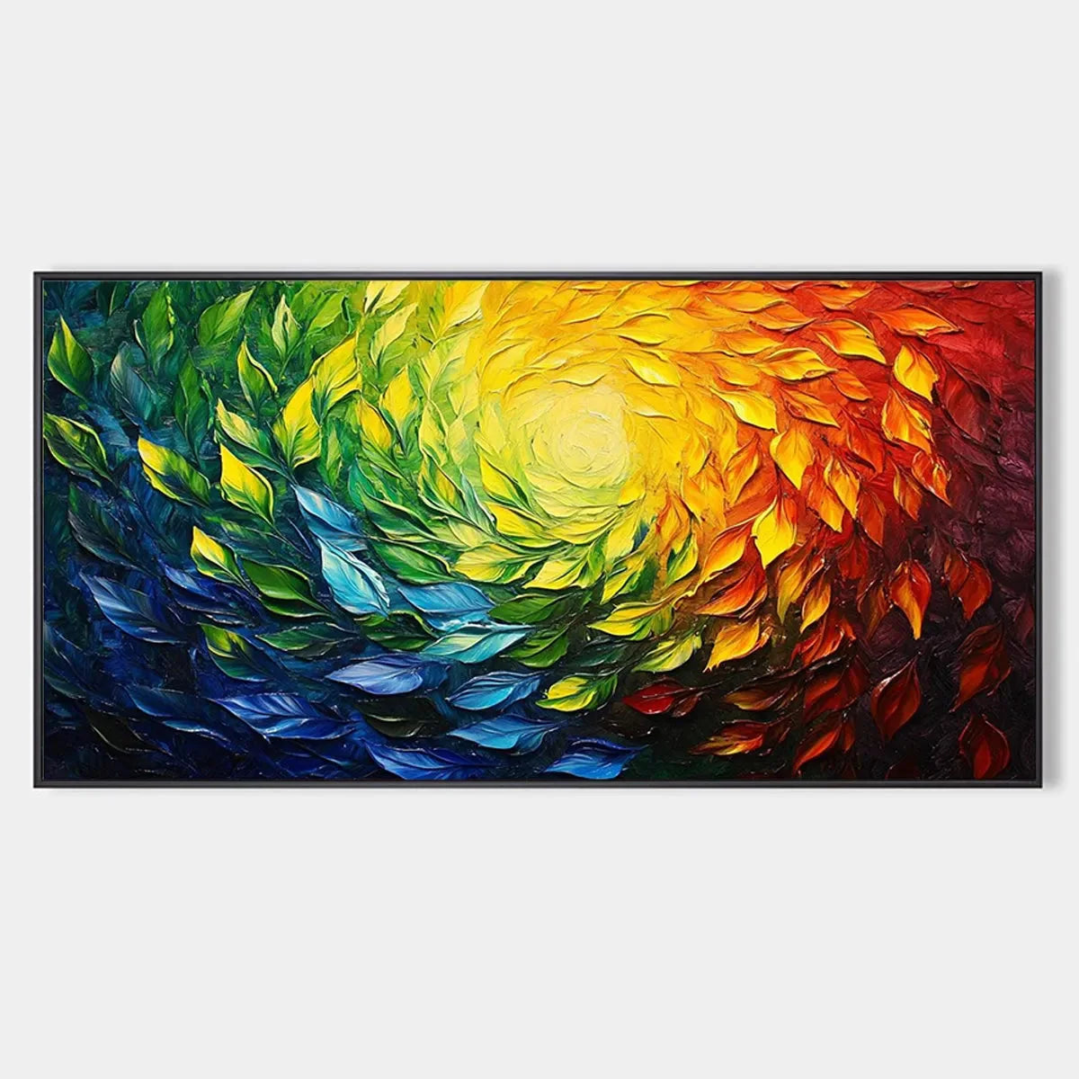 CHROMA SPIN: Impasto Abstract Oil Painting in Vibrant Rainbow Colors | hanging in CHROMA SPIN: Impasto Abstract Oil Painting in Vibrant Rainbow Colors featuring layered textured brushwork in refine...