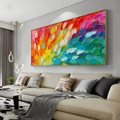 CHROMA WAVE: Textured Abstract Rainbow Oil Painting | gold frame stretched on neutral wall