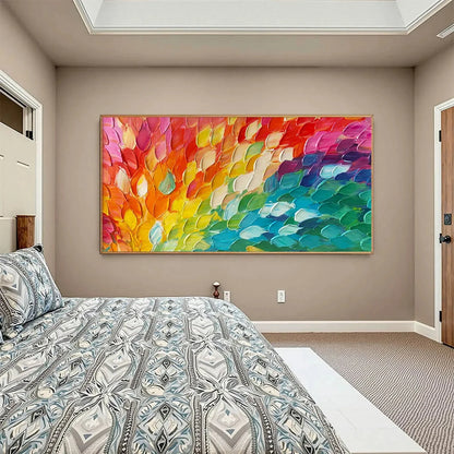 CHROMA WAVE: Textured Abstract Rainbow Oil Painting | black frame version on white wall