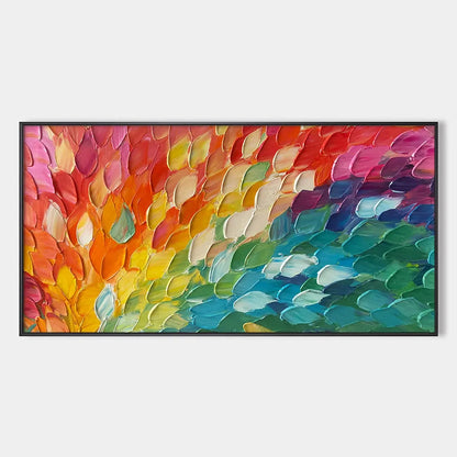 CHROMA WAVE: Textured Abstract Rainbow Oil Painting | hanging in CHROMA WAVE: Textured Abstract Rainbow Oil Painting featuring layered textured brushwork in refined tones; abstract composition with...