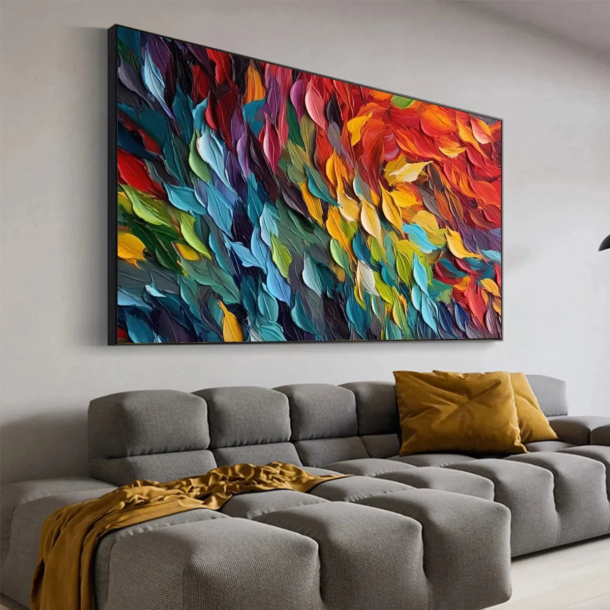 CHROMA WHISPERS: Colorful Abstract Impasto Oil Painting | gold frame stretched on neutral wall