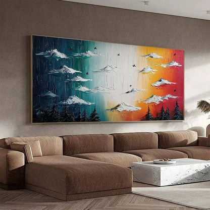 CHROMATIC ASCENSION: Colorful Mountain Landscape Impasto | black frame version on white wall