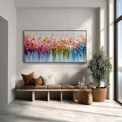 CHROMATIC BLOOM: Colorful Abstract Floral Impasto | gold frame stretched on neutral wall