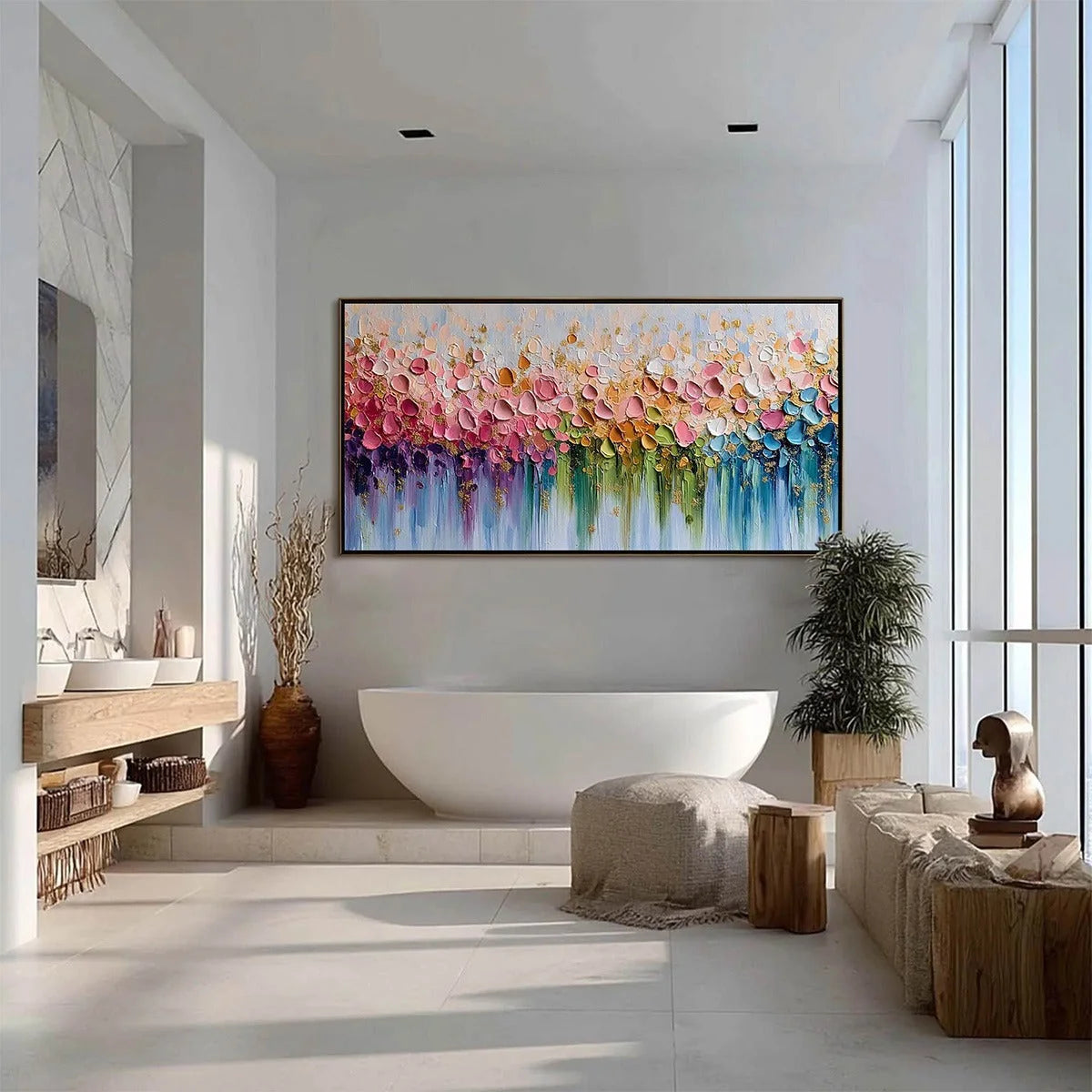 CHROMATIC BLOOM: Colorful Abstract Floral Impasto | black frame version on white wall