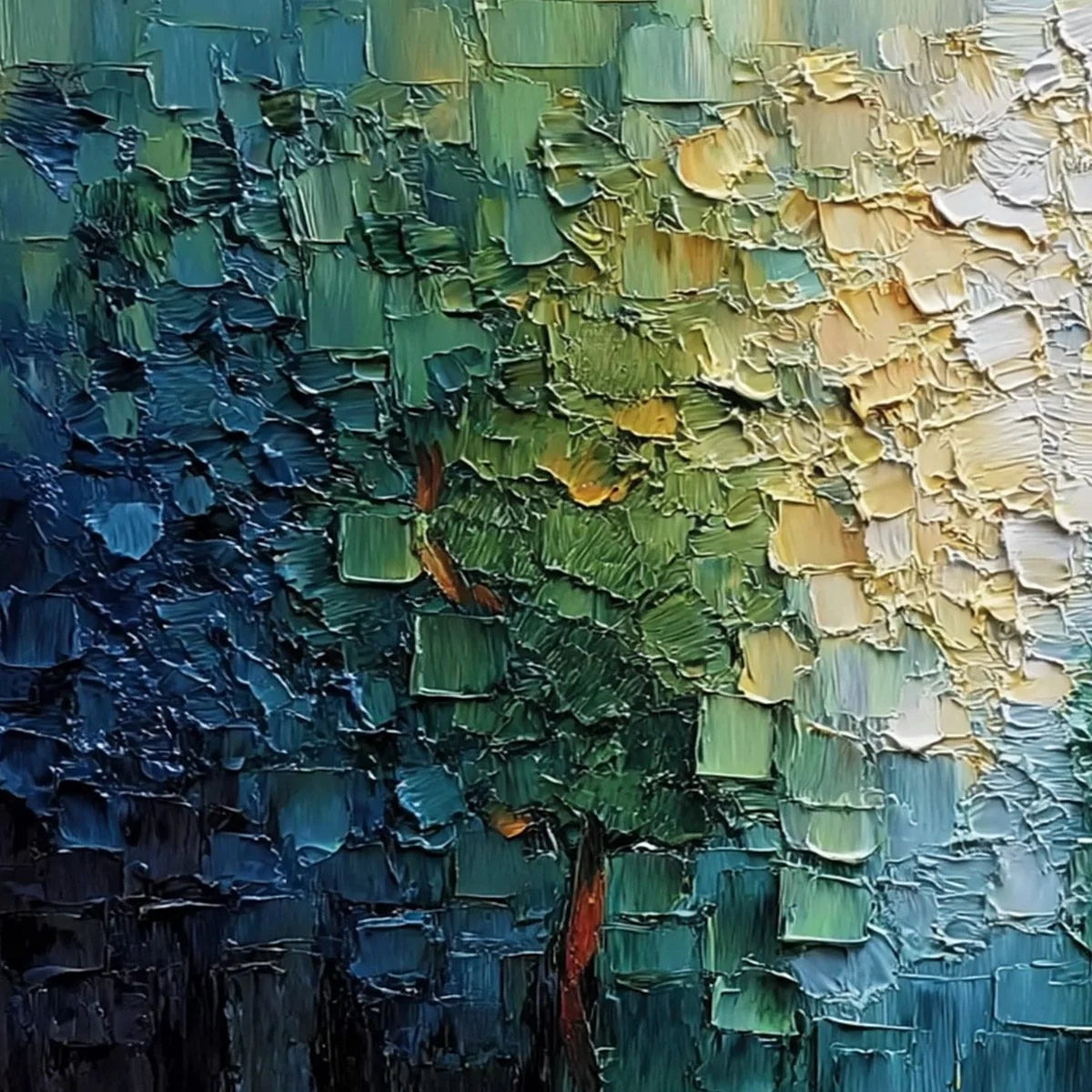 Chromatic Canopy: Textured Abstract Forest Landscape | rectangular format, hand-painted canvas edge