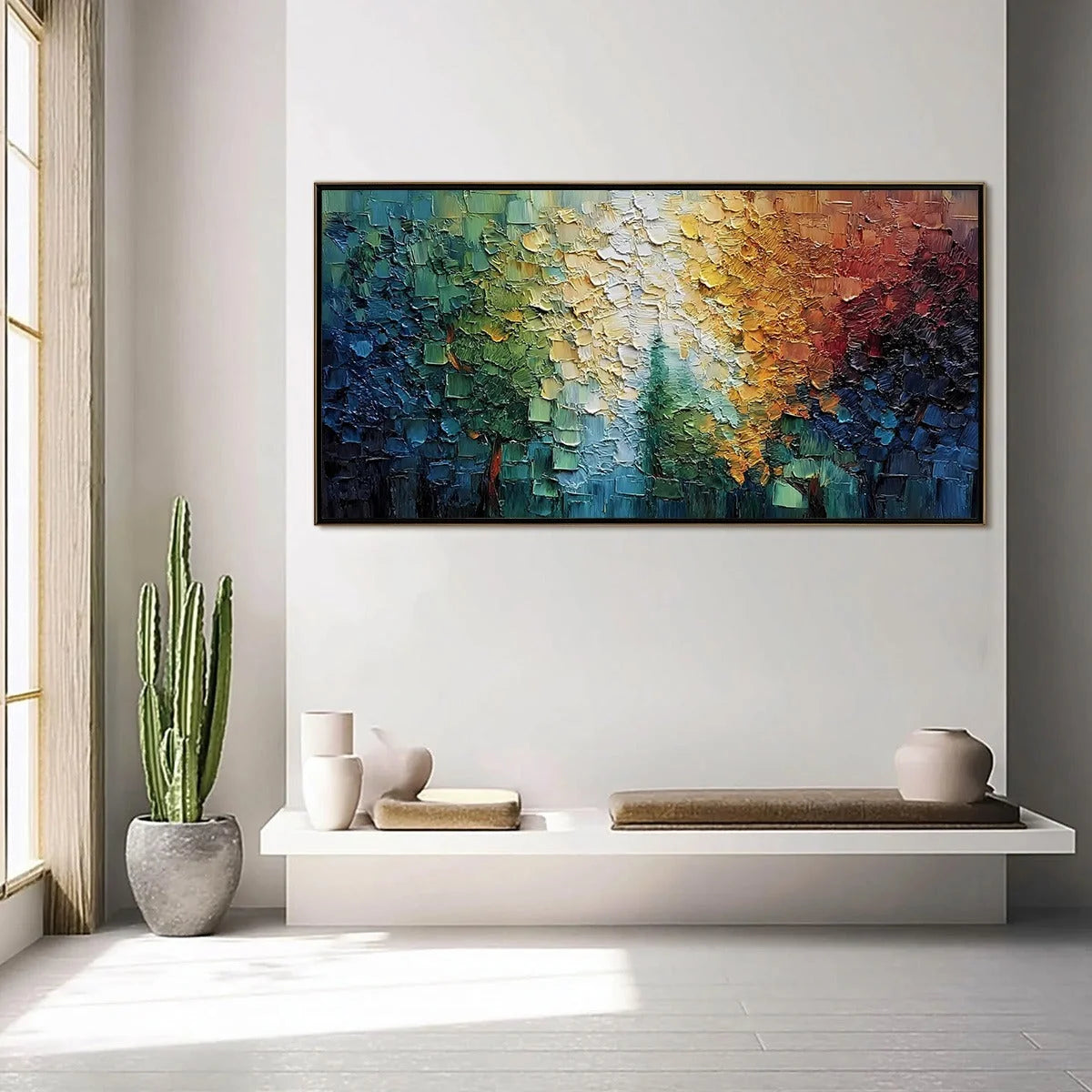 Chromatic Canopy: Textured Abstract Forest Landscape | gold frame stretched on neutral wall
