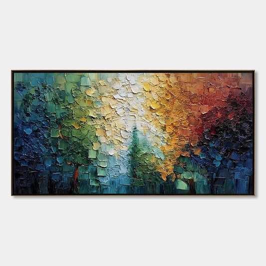 Chromatic Canopy: Textured Abstract Forest Landscape | hanging in living room, textured wall art