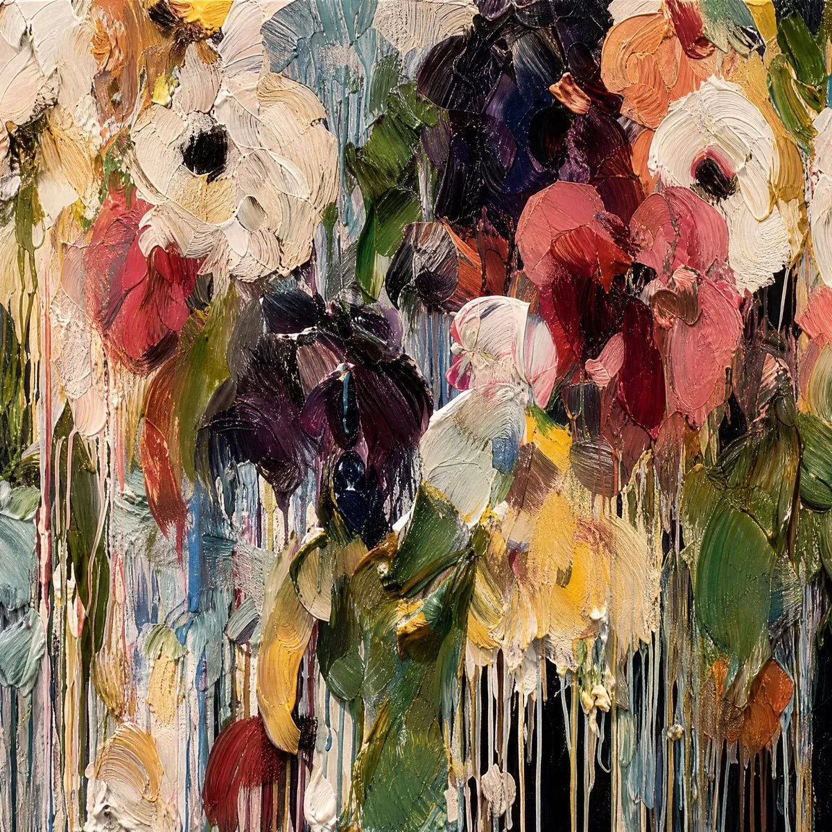 CHROMATIC CASCADE: Colorful Abstract Floral Painting | rectangular format, hand-painted canvas edge