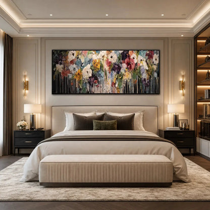CHROMATIC CASCADE: Colorful Abstract Floral Painting | gold frame stretched on neutral wall