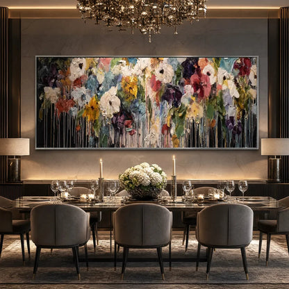 CHROMATIC CASCADE: Colorful Abstract Floral Painting | black frame version on white wall