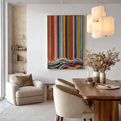 CHROMATIC CASCADE: Colorful Vertical Abstract Painting with Flowing Lines | gold frame stretched on neutral wall