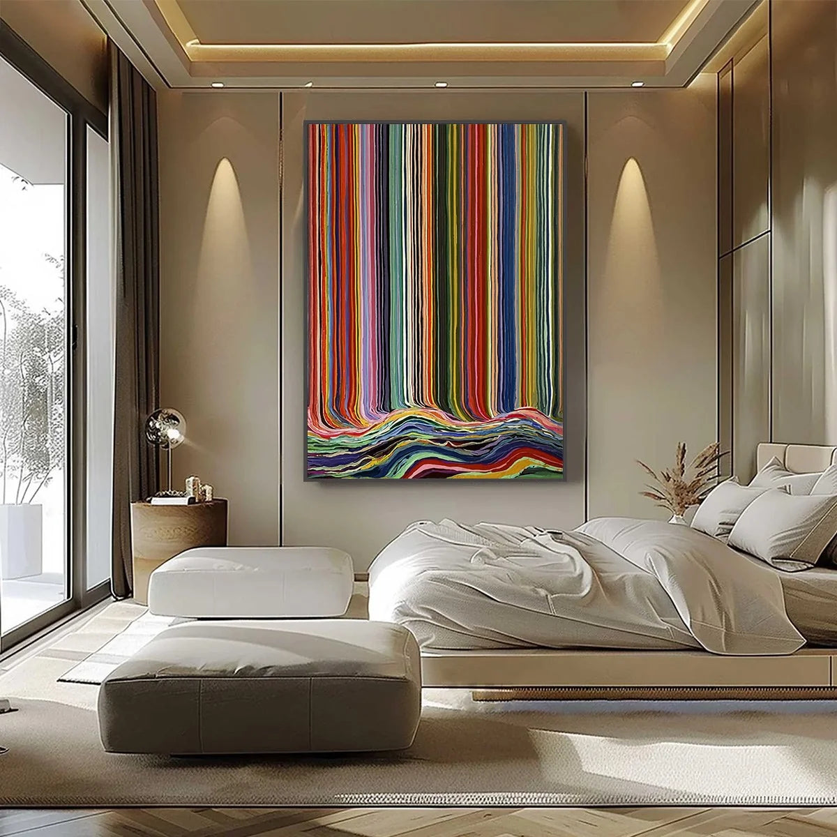 CHROMATIC CASCADE: Colorful Vertical Abstract Painting with Flowing Lines | black frame version on white wall