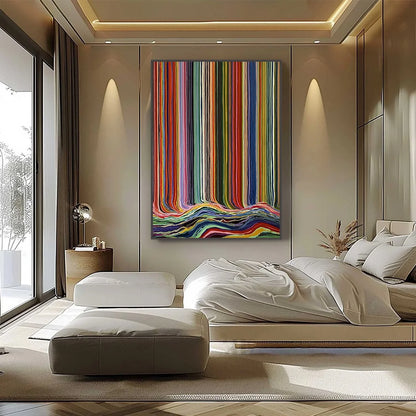 CHROMATIC CASCADE: Colorful Vertical Abstract Painting with Flowing Lines | black frame version on white wall