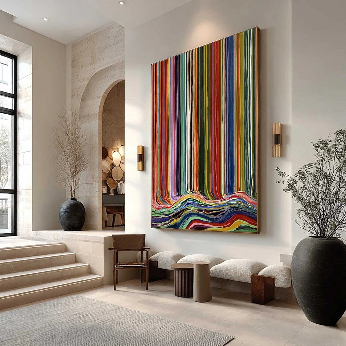 CHROMATIC CASCADE: Colorful Vertical Abstract Painting with Flowing Lines | Abstract mood, soft natural light studio shot