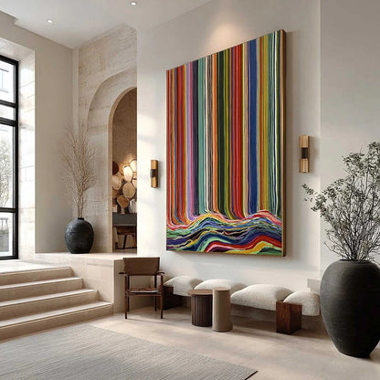 CHROMATIC CASCADE: Colorful Vertical Abstract Painting with Flowing Lines | Abstract mood, soft natural light studio shot