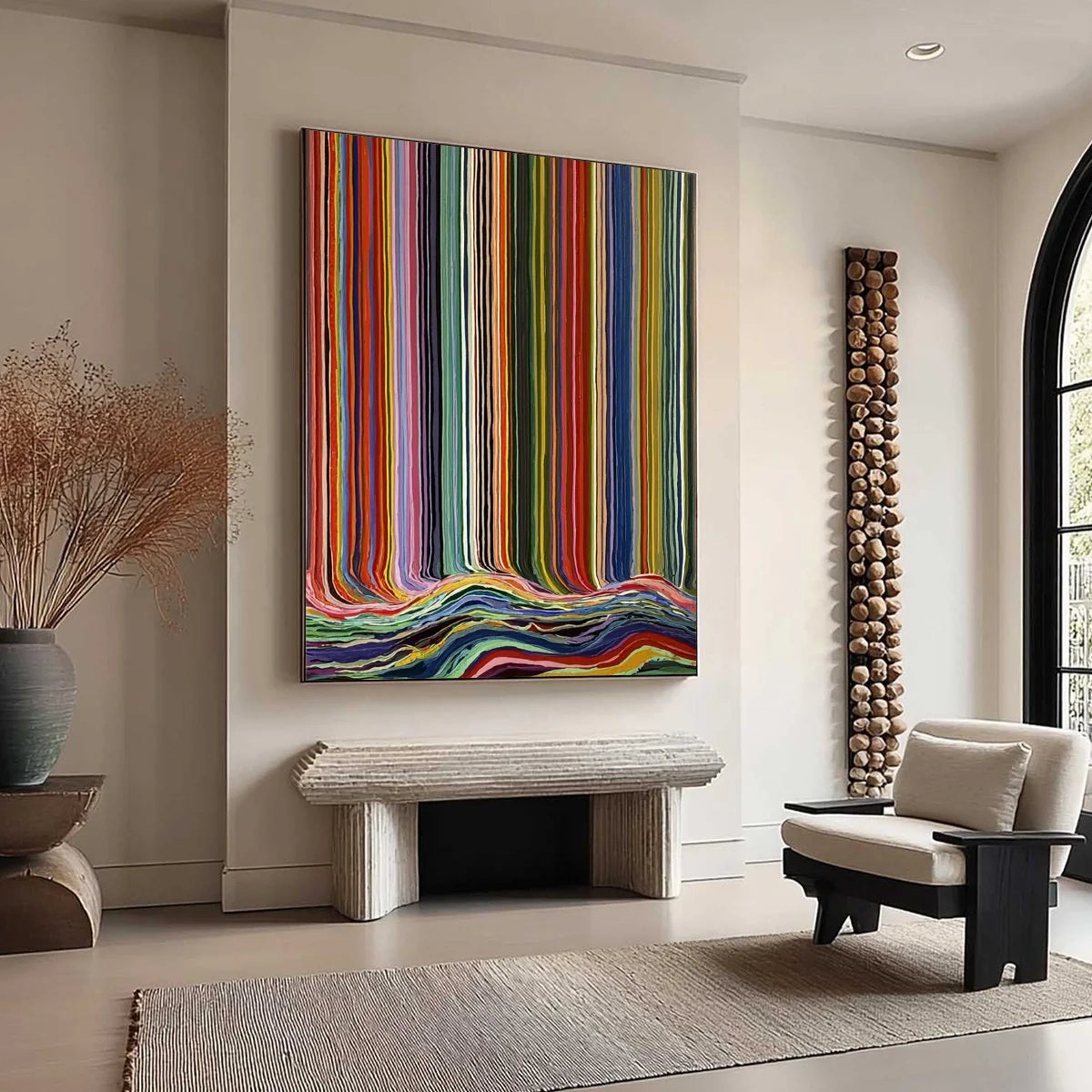 CHROMATIC CASCADE: Colorful Vertical Abstract Painting with Flowing Lines | beige palette, original Hand-painted on premium stretched canvas using artist-grade oils; rich layered surface combines s...