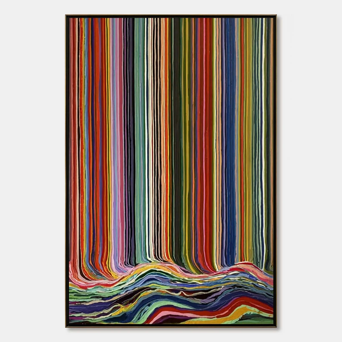 CHROMATIC CASCADE: Colorful Vertical Abstract Painting with Flowing Lines | hanging in CHROMATIC CASCADE: Colorful Vertical Abstract Painting with Flowing Lines featuring layered textured brushwork...