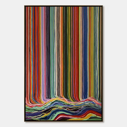 CHROMATIC CASCADE: Colorful Vertical Abstract Painting with Flowing Lines | hanging in CHROMATIC CASCADE: Colorful Vertical Abstract Painting with Flowing Lines featuring layered textured brushwork...
