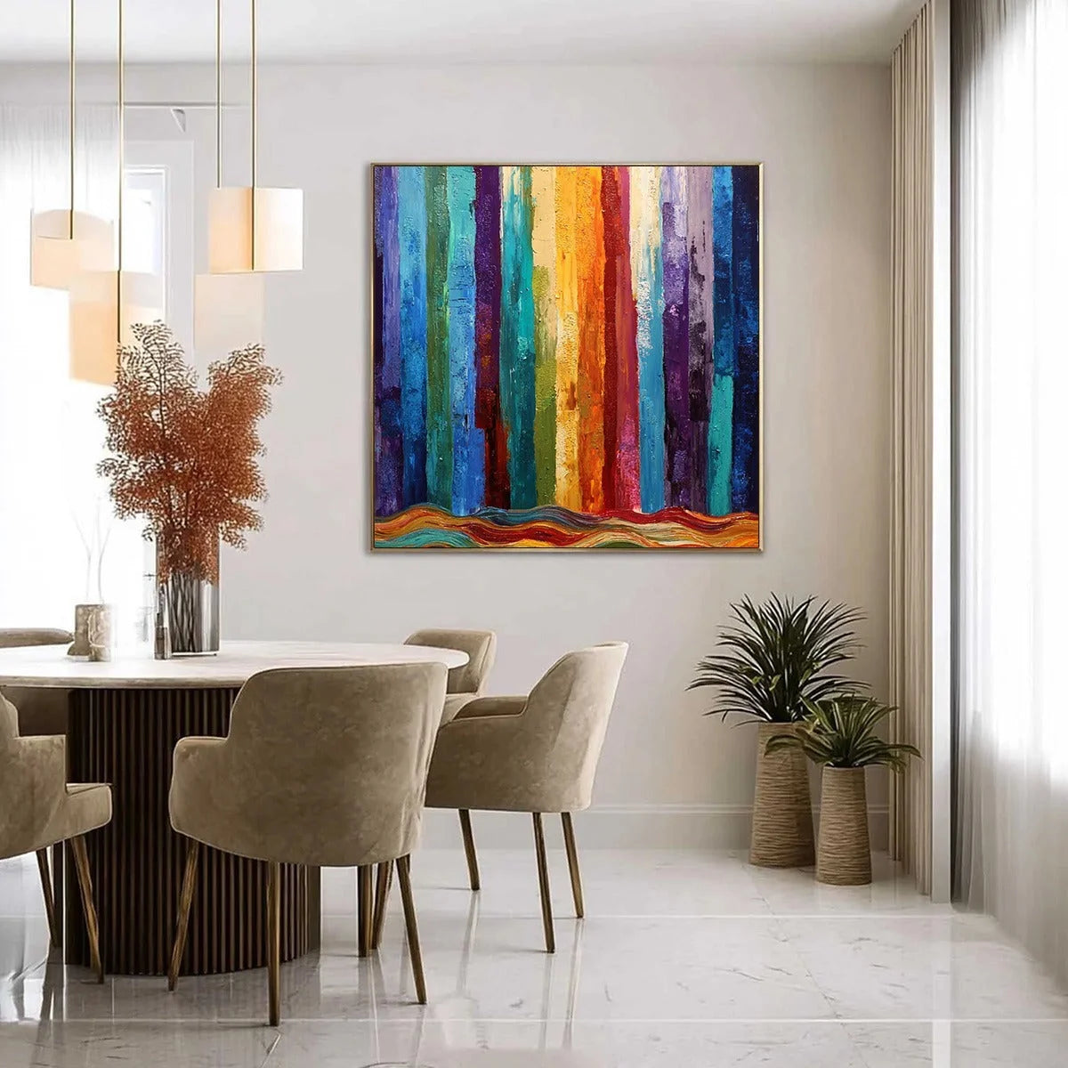 CHROMATIC CASCADE: Large Colorful Abstract Impasto Oil Painting | gold frame stretched on neutral wall