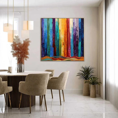 CHROMATIC CASCADE: Large Colorful Abstract Impasto Oil Painting | gold frame stretched on neutral wall