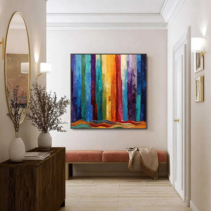 CHROMATIC CASCADE: Large Colorful Abstract Impasto Oil Painting | black frame version on white wall
