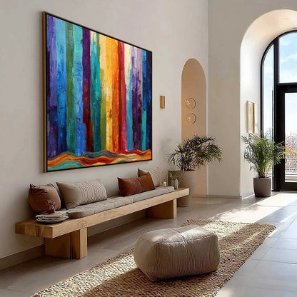 CHROMATIC CASCADE: Large Colorful Abstract Impasto Oil Painting | Abstract mood, soft natural light studio shot