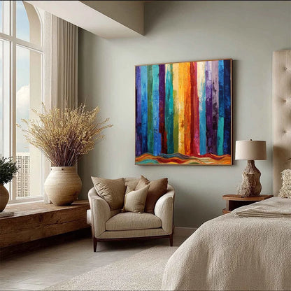 CHROMATIC CASCADE: Large Colorful Abstract Impasto Oil Painting | beige palette, original Hand-painted on premium stretched canvas using artist-grade oils; rich layered surface combines smooth grad...