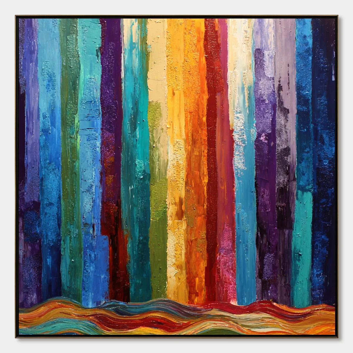 CHROMATIC CASCADE: Large Colorful Abstract Impasto Oil Painting | hanging in CHROMATIC CASCADE: Large Colorful Abstract Impasto Oil Painting featuring layered textured brushwork in refined tones; a...