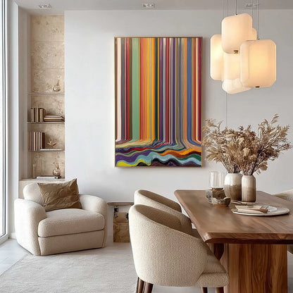 CHROMATIC CASCADE: Vibrant Textured Vertical Abstract Color Painting | gold frame stretched on neutral wall