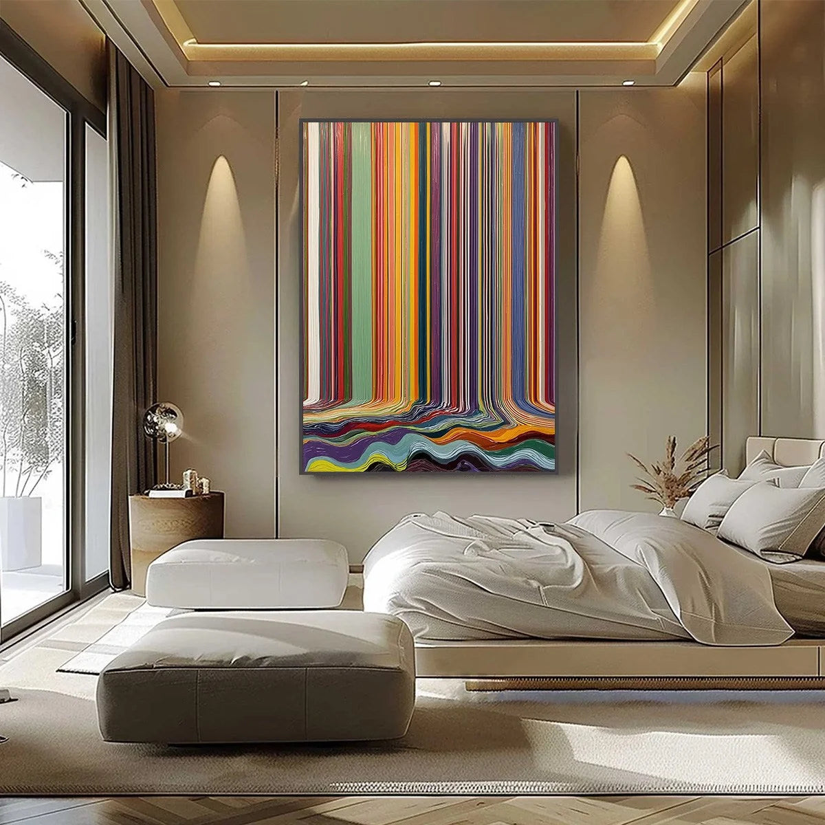 CHROMATIC CASCADE: Vibrant Textured Vertical Abstract Color Painting | black frame version on white wall