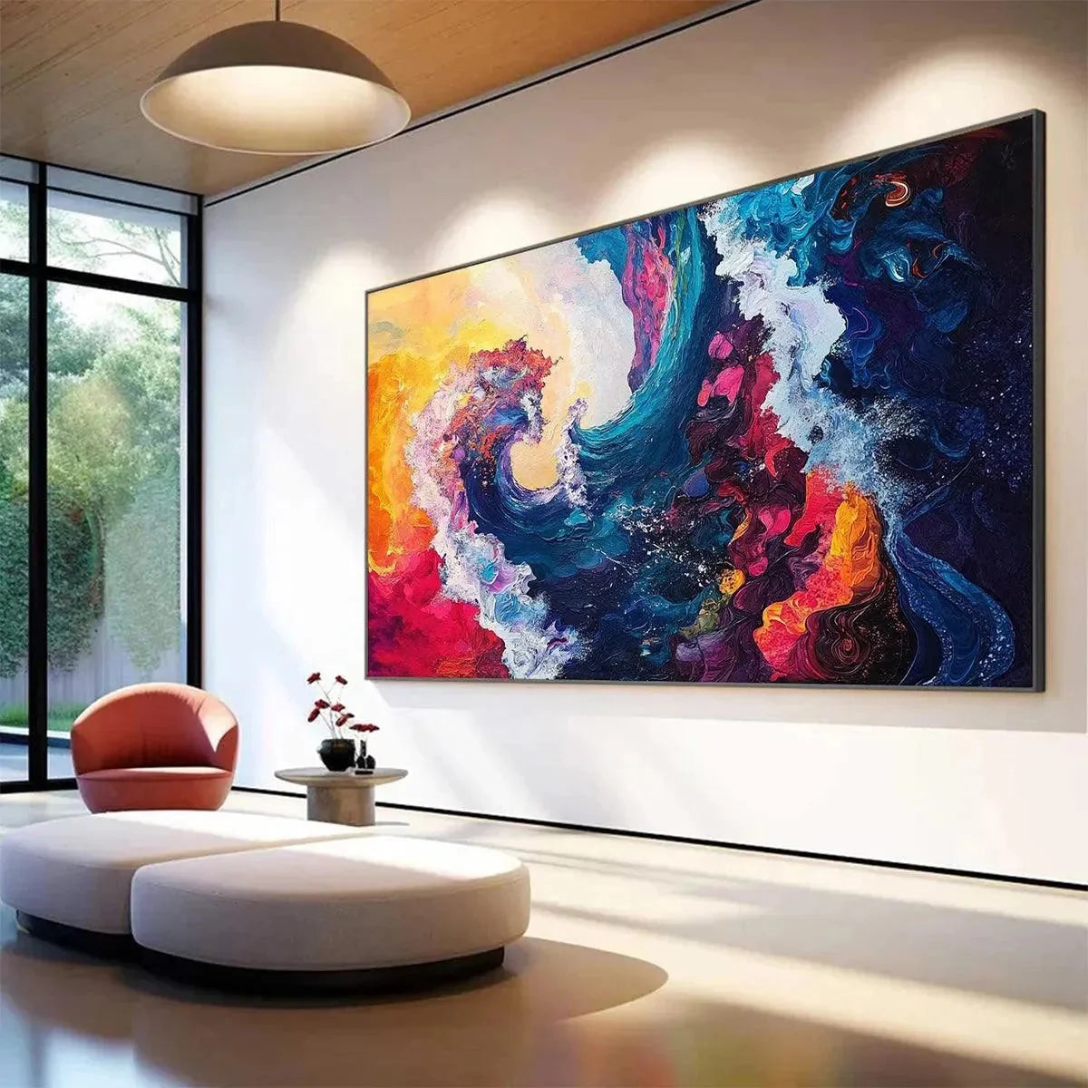 CHROMATIC CREST: Colorful Abstract Wave Oil Painting | rectangular format, hand-painted canvas edge