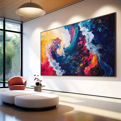 CHROMATIC CREST: Colorful Abstract Wave Oil Painting | rectangular format, hand-painted canvas edge
