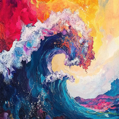 CHROMATIC CREST: Colorful Abstract Wave Oil Painting | gold frame stretched on neutral wall
