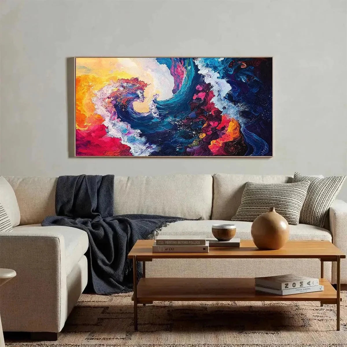 CHROMATIC CREST: Colorful Abstract Wave Oil Painting | black frame version on white wall