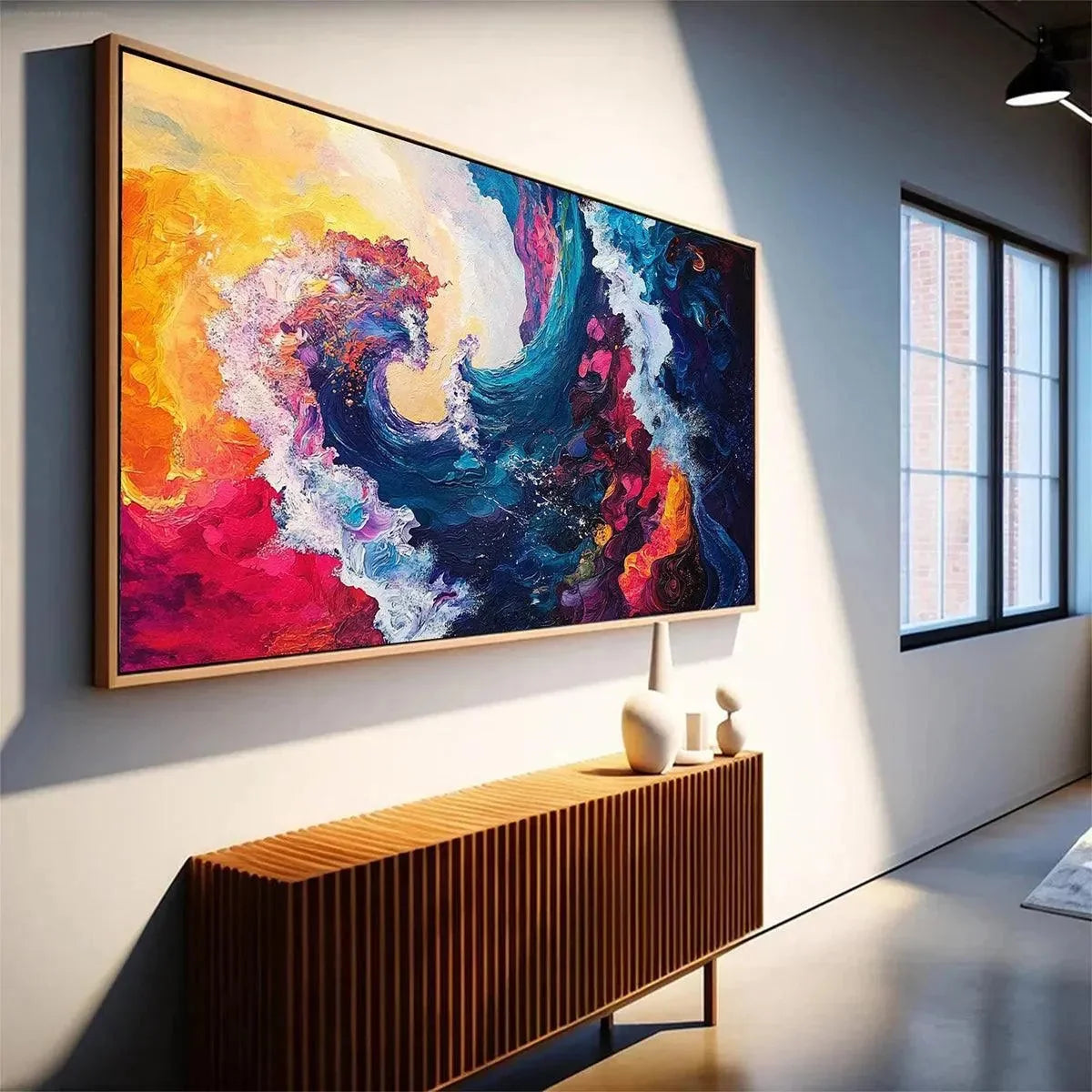CHROMATIC CREST: Colorful Abstract Wave Oil Painting | Abstract mood, soft natural light studio shot