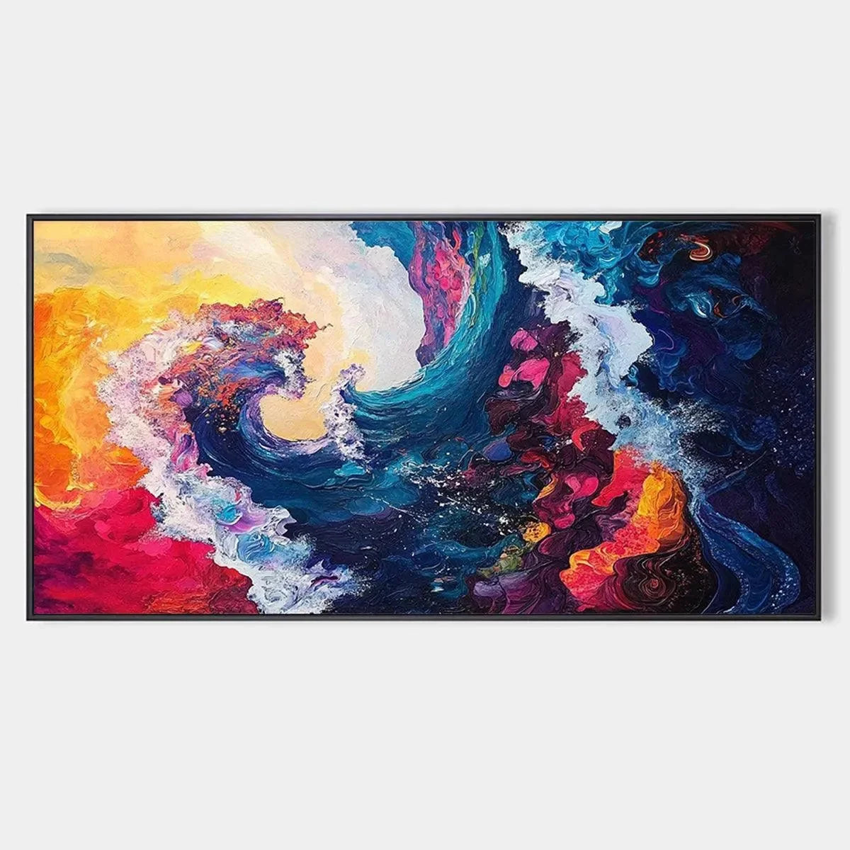 CHROMATIC CREST: Colorful Abstract Wave Oil Painting | hanging in CHROMATIC CREST: Colorful Abstract Wave Oil Painting featuring layered textured brushwork in refined tones; abstract composition wi...